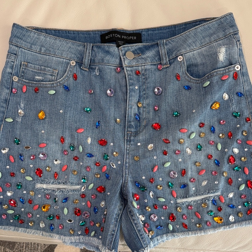 Boston Proper Gem-Studded Denim Shorts